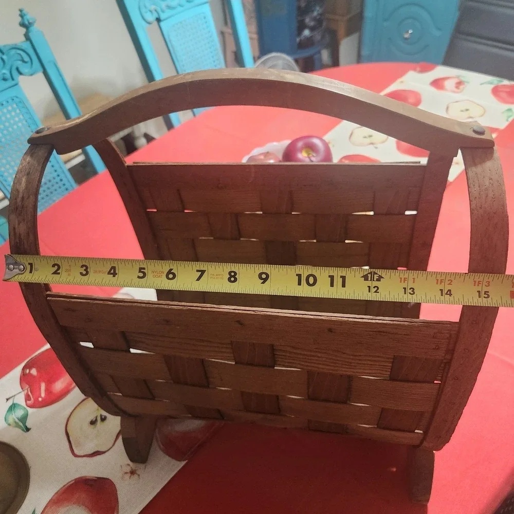 Vintage Handmade Wooden Woven Basket Magazine Rack Farmhouse Primitive Decor